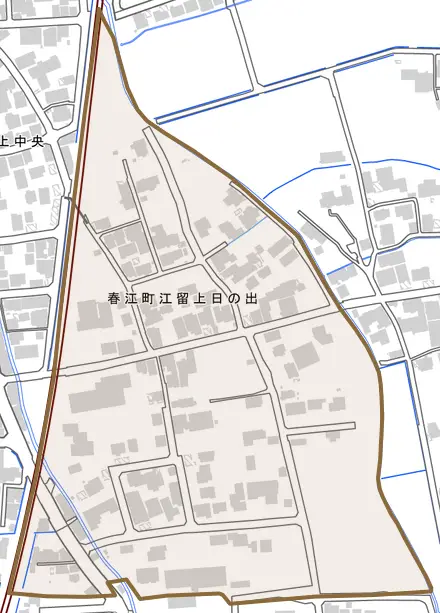 春江町江留上とその周辺の地図。町の範囲を重ねている