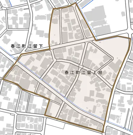 春江町江留上旭とその周辺の地図。町の範囲を重ねている