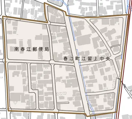 春江町江留上中央とその周辺の地図。町の範囲を重ねている