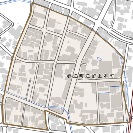 春江町江留上本町とその周辺の地図。町の範囲を重ねている