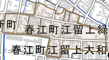 春江町江留上緑とその周辺の地図。町の範囲を重ねている