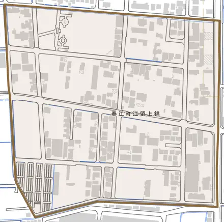 春江町江留上錦とその周辺の地図。町の範囲を重ねている