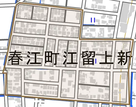 春江町江留上新町とその周辺の地図。町の範囲を重ねている