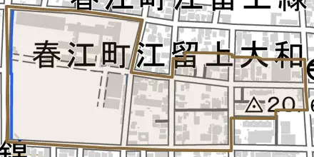 春江町江留上大和とその周辺の地図。町の範囲を重ねている