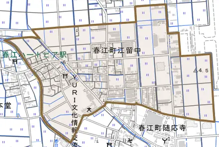 春江町江留中とその周辺の地図。町の範囲を重ねている