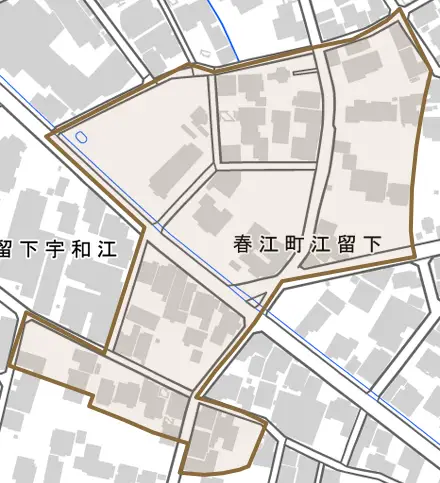 春江町江留下とその周辺の地図。町の範囲を重ねている