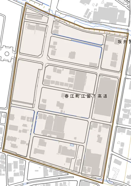 春江町江留下高道とその周辺の地図。町の範囲を重ねている