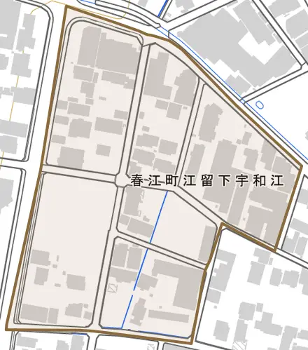 春江町江留下宇和江とその周辺の地図。町の範囲を重ねている