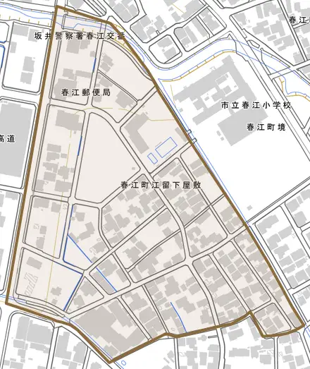 春江町江留下屋敷とその周辺の地図。町の範囲を重ねている