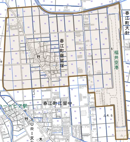 春江町藤鷲塚とその周辺の地図。町の範囲を重ねている