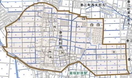 春江町針原とその周辺の地図。町の範囲を重ねている