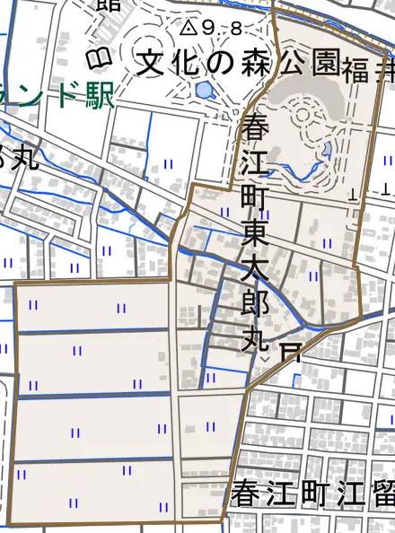 春江町東太郎丸とその周辺の地図。町の範囲を重ねている