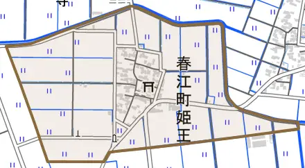 春江町姫王とその周辺の地図。町の範囲を重ねている