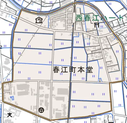 春江町本堂とその周辺の地図。町の範囲を重ねている