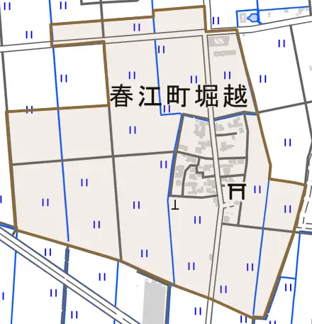 春江町堀越とその周辺の地図。町の範囲を重ねている