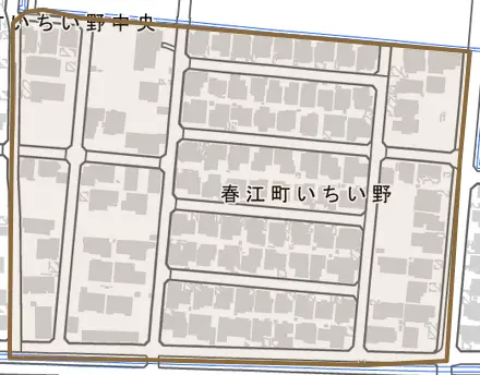 春江町いちい野とその周辺の地図。町の範囲を重ねている