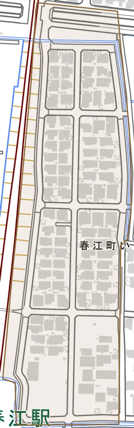 春江町いちい野中央とその周辺の地図。町の範囲を重ねている