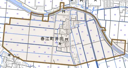 春江町井向とその周辺の地図。町の範囲を重ねている