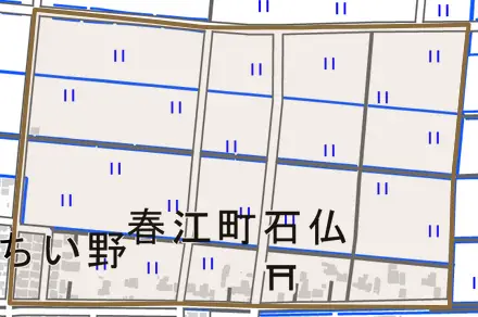 春江町石仏とその周辺の地図。町の範囲を重ねている