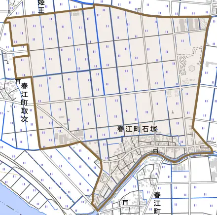 春江町石塚とその周辺の地図。町の範囲を重ねている