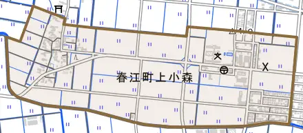 春江町上小森とその周辺の地図。町の範囲を重ねている