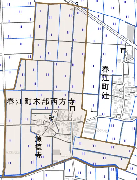 春江町木部西方寺とその周辺の地図。町の範囲を重ねている