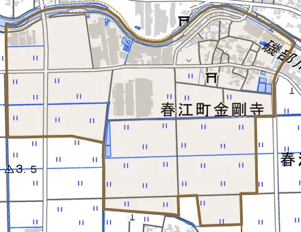 春江町金剛寺とその周辺の地図。町の範囲を重ねている