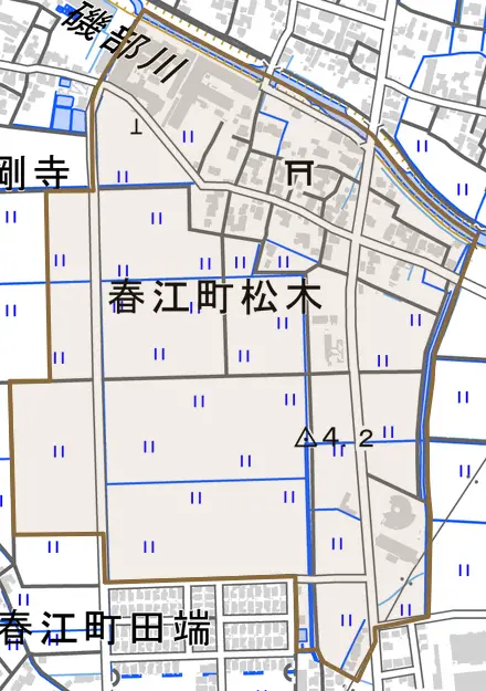 春江町松木とその周辺の地図。町の範囲を重ねている