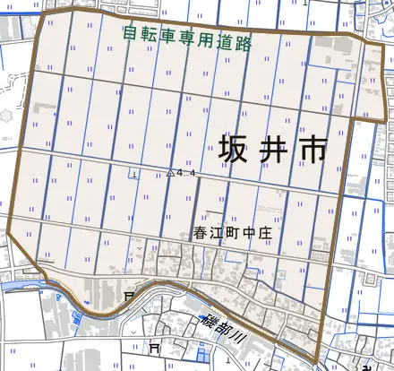 春江町中庄とその周辺の地図。町の範囲を重ねている