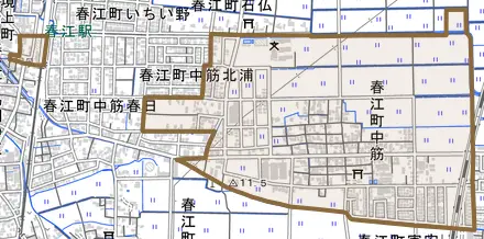 春江町中筋とその周辺の地図。町の範囲を重ねている