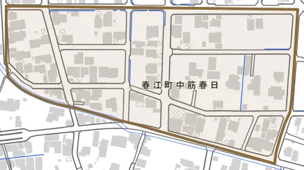 春江町中筋春日とその周辺の地図。町の範囲を重ねている