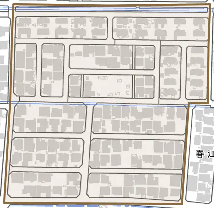 春江町中筋北浦とその周辺の地図。町の範囲を重ねている