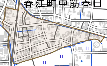 春江町中筋三ツ屋とその周辺の地図。町の範囲を重ねている