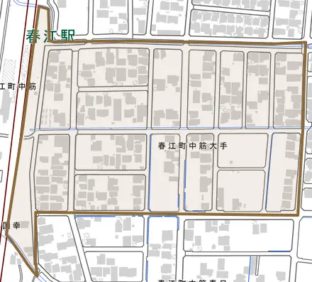 春江町中筋大手とその周辺の地図。町の範囲を重ねている