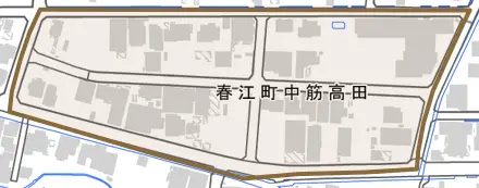 春江町中筋高田とその周辺の地図。町の範囲を重ねている