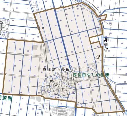 春江町西長田とその周辺の地図。町の範囲を重ねている
