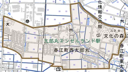 春江町西太郎丸とその周辺の地図。町の範囲を重ねている