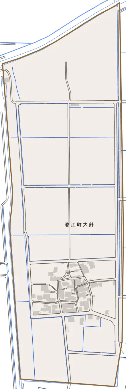 春江町大針とその周辺の地図。町の範囲を重ねている