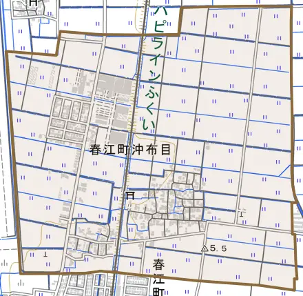 春江町沖布目とその周辺の地図。町の範囲を重ねている