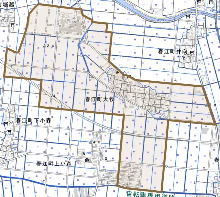 春江町大牧とその周辺の地図。町の範囲を重ねている