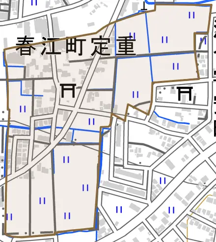 春江町定重とその周辺の地図。町の範囲を重ねている