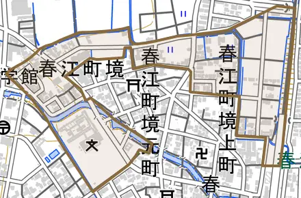 春江町境とその周辺の地図。町の範囲を重ねている