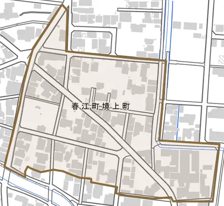 春江町境上町とその周辺の地図。町の範囲を重ねている