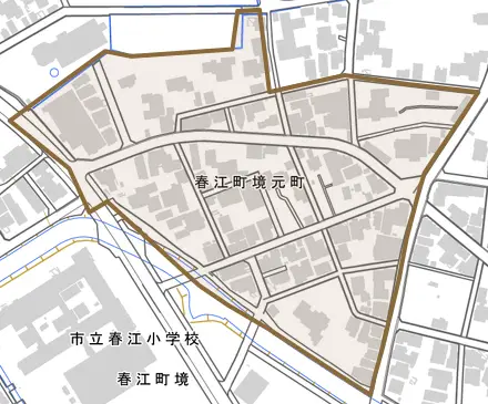 春江町境元町とその周辺の地図。町の範囲を重ねている