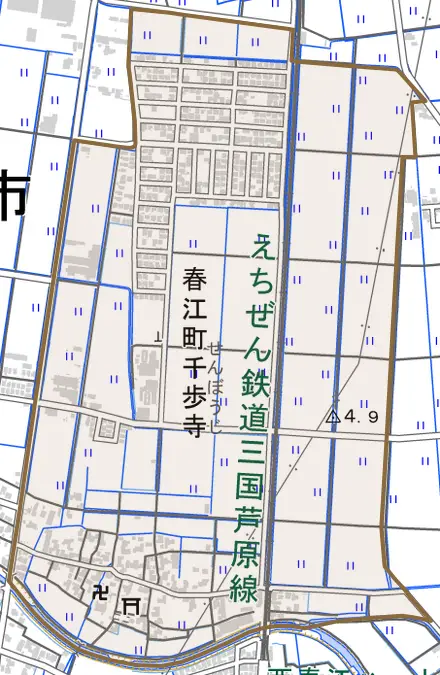 春江町千歩寺とその周辺の地図。町の範囲を重ねている