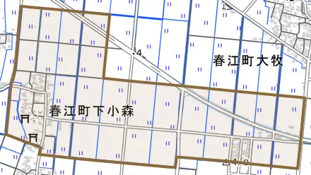 春江町下小森とその周辺の地図。町の範囲を重ねている