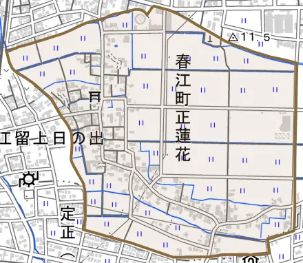 春江町正蓮花とその周辺の地図。町の範囲を重ねている