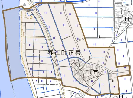 春江町正善とその周辺の地図。町の範囲を重ねている