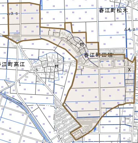 春江町田端とその周辺の地図。町の範囲を重ねている