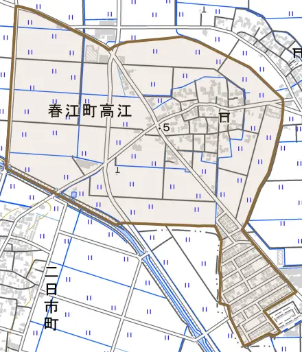 春江町高江とその周辺の地図。町の範囲を重ねている